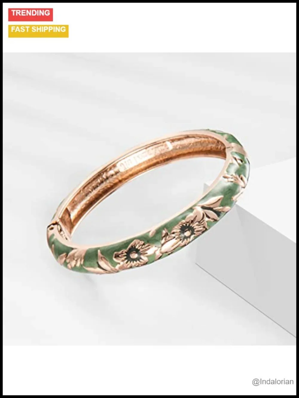 Enameled Flower Cloisonne Plated Gold Bangle Bracelets 2 Pc Set for Women Gift